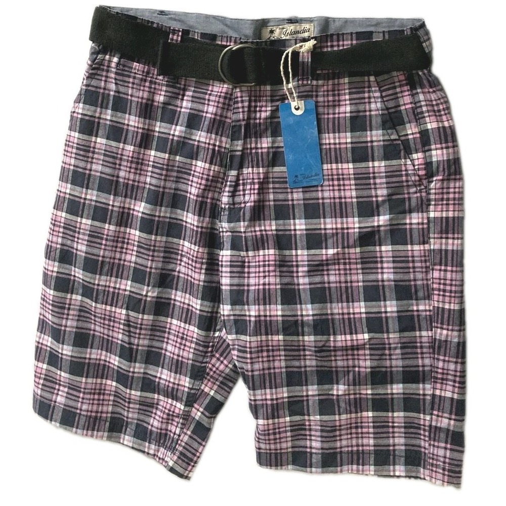 Islandia Shorts Men 32 Pink Navy Plaid Chino Belted Cotton/Poly Blend Casual NWT